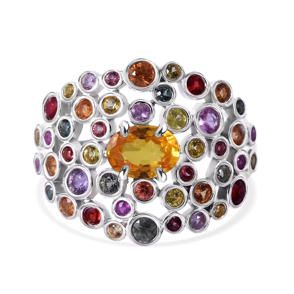 Premium Multi Sapphire 2.80 ctw Bubbles Ring in Rhodium Over Sterling Silver